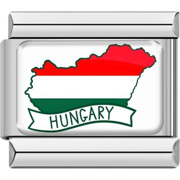 Silver-bordered Italian charm showing the map of Hungary in red, white and green flag stripes with a banner labeled “Hungary.”